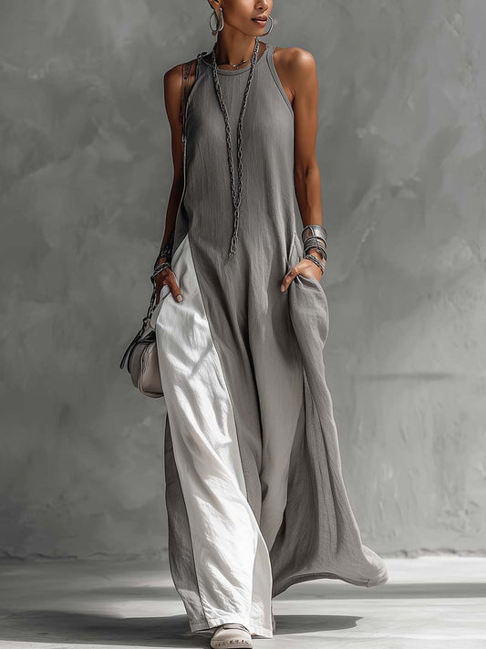 Longue robe sans manches en coton et lin gris, à blocs de couleur
