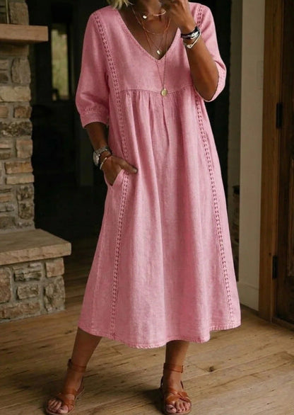 Elegant V-Neck Linen Blend Midi Dress with Lace Inserts and Pockets | Women's Casual Summer Dress