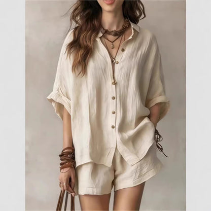 Ensemble chemise boutonnée et short oversize en mélange de lin | Tenue décontractée deux pièces respirante pour femme