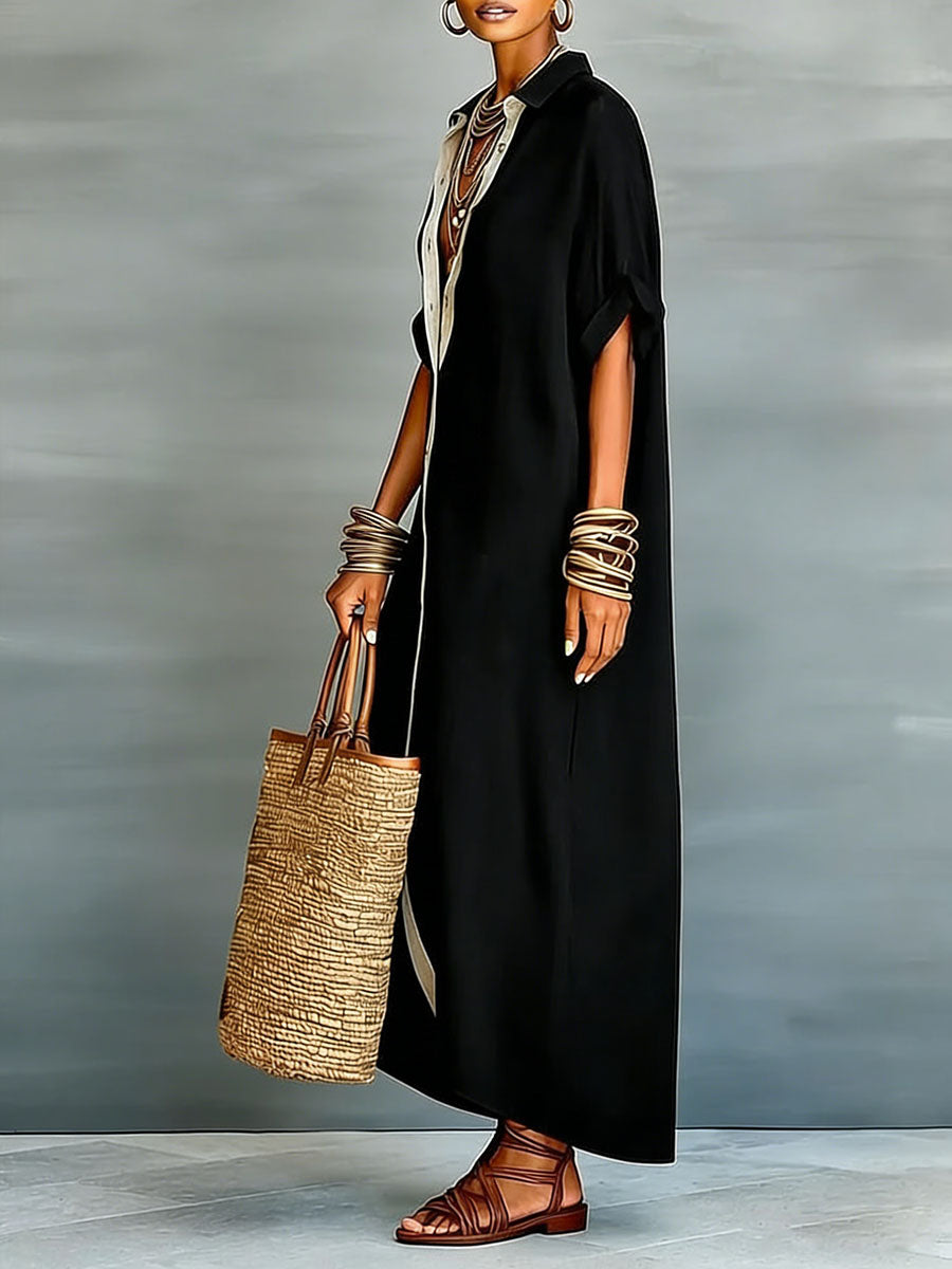 Long dress with lapels, short ample sleeves, with buttons, pockets and slit seams