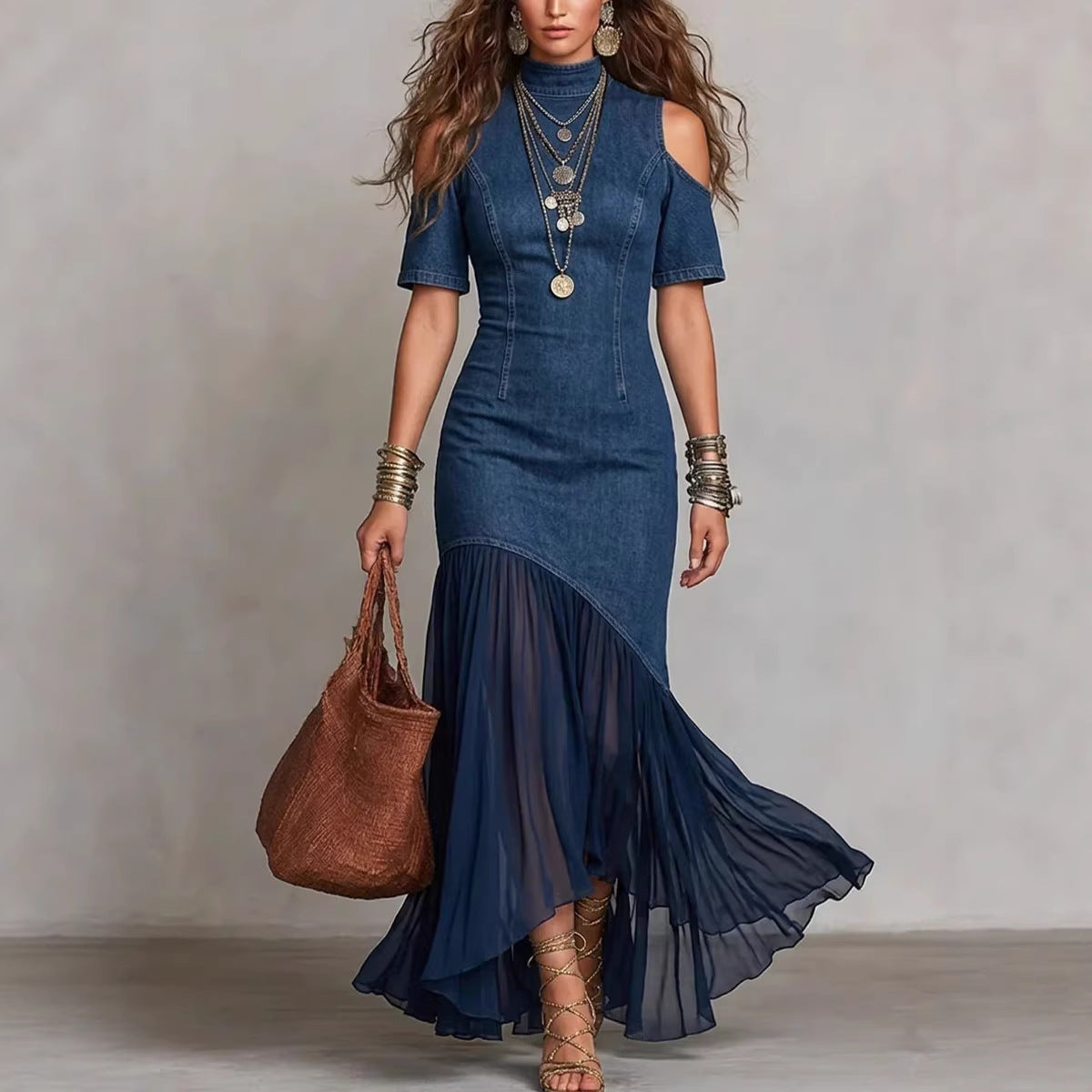 Robe midi à épaules dénudées avec ourlet en maille – Robe moulante à manches courtes