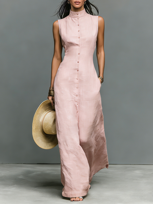 Robe longue sans manches col montant à boutonnage simple en lin mélangé minimaliste pour femme