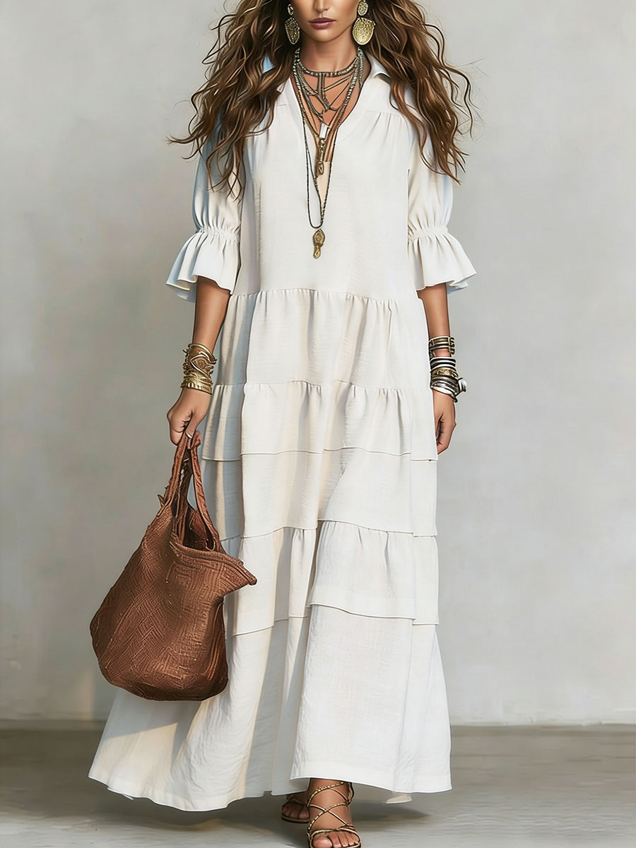 Robe décontractée à manches courtes en lin et coton, coupe ample