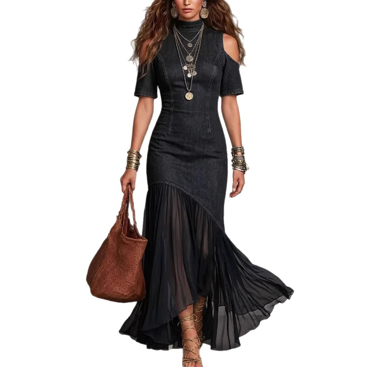 Robe midi à épaules dénudées avec ourlet en maille – Robe moulante à manches courtes