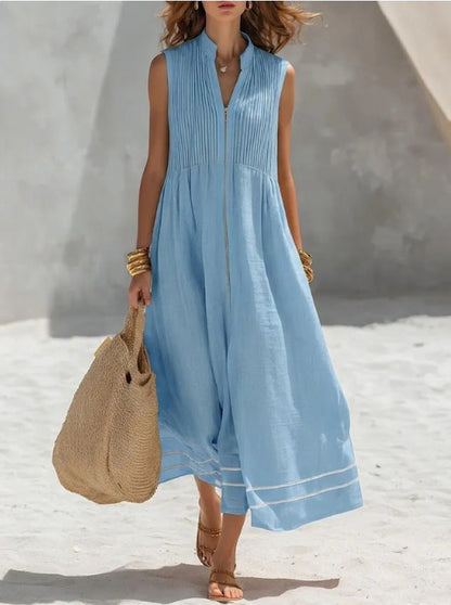 Robe midi sans manches en lin à col montant, plis et fermeture éclair sur le devant