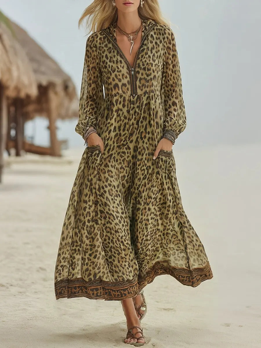 Robe midi à capuche pour femme style rétro décontracté imprimé léopard