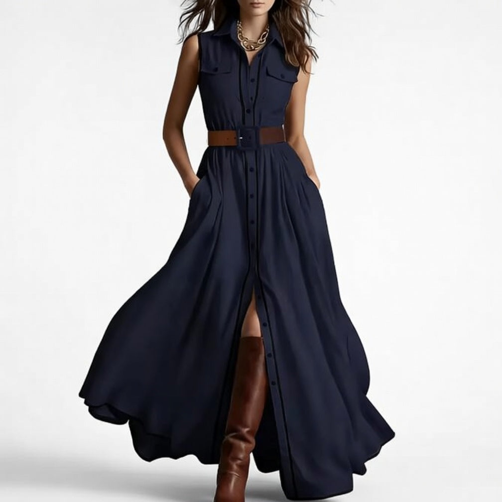 Robe chemise longue ceinturée à passepoils contrastés