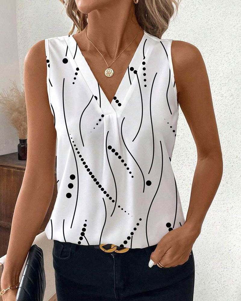 Gilet plissé sans manches à imprimé, col en V