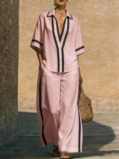 Ensemble deux‑pièces à blocs de couleurs tendance : chemise décontractée à manches courtes et pantalon à jambes larges