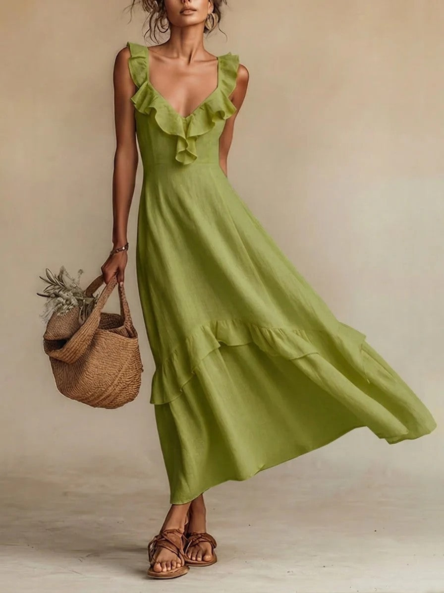 Robe longue maxi en mélange de lin à volants