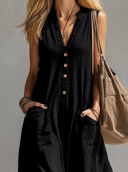 Sleeveless V-neck jumpsuit, solid color, wide leg, with buttons and pockets
