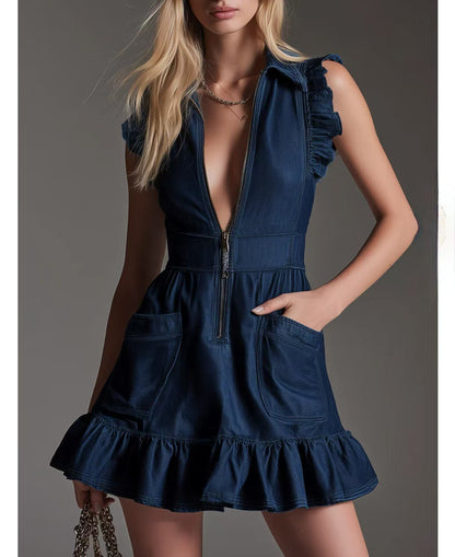 Robe Courte Sans Manches en Jean Volants avec Fermeture Éclair sur le Devant