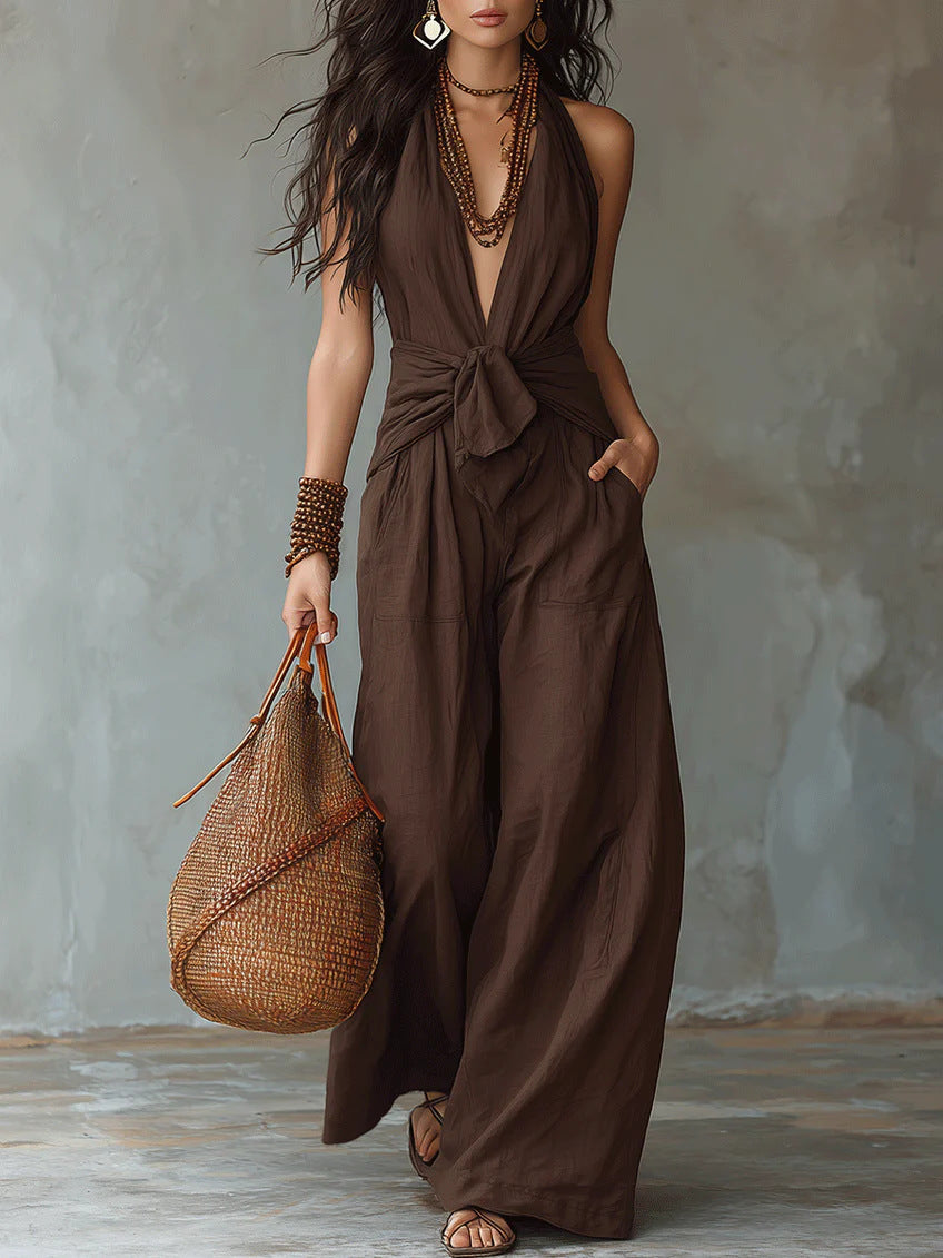 Combinaison pantalon dos nu large marron terre