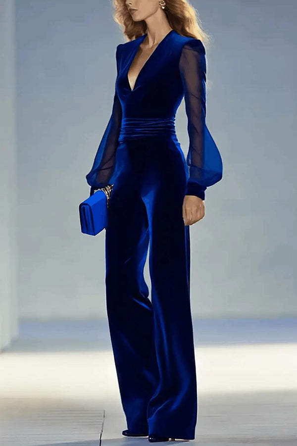 Robe ajustée élégante en velours uni à col V et manches longues
