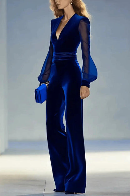 Robe ajustée élégante en velours uni à col V et manches longues