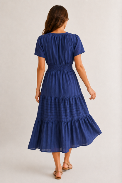 Tiered Notched Short Sleeve Dress