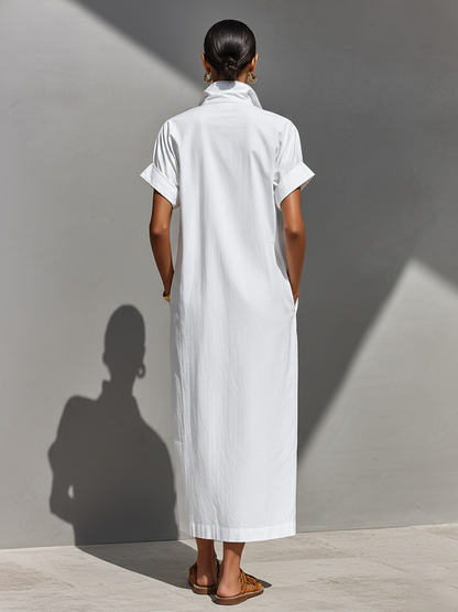 Robe Chemise Longue Blanche en Coton 100% pour Femme avec Col Semi-Zippé et Manches Retroussées, Robe Décontractée Intemporelle pour Tous les Jours