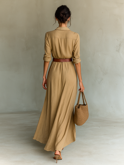 Maxi-robe femme à revers, simple boutonnage, manches longues, fournie avec ceinture