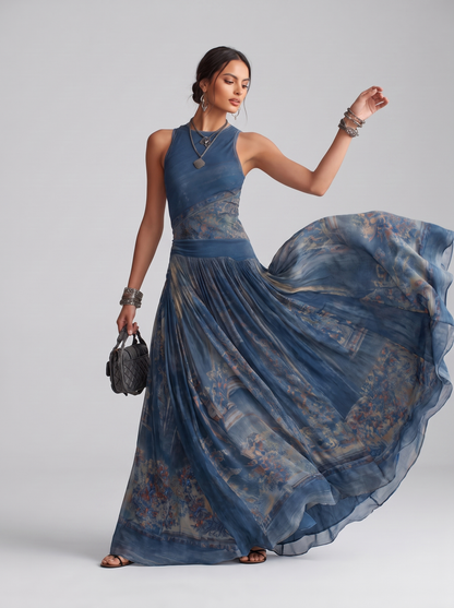 Elegant Retro Printed Sleeveless Tank Top Dress