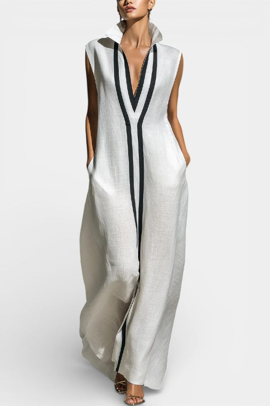 Maxi jumpsuit without sleeves with graphic print and contrasting finishes