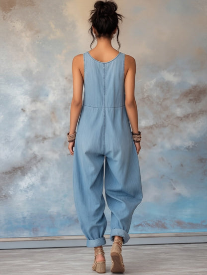 Salopette en jean sans manches à motif floral pour femme