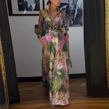 Elegant long pink dress with long sleeves