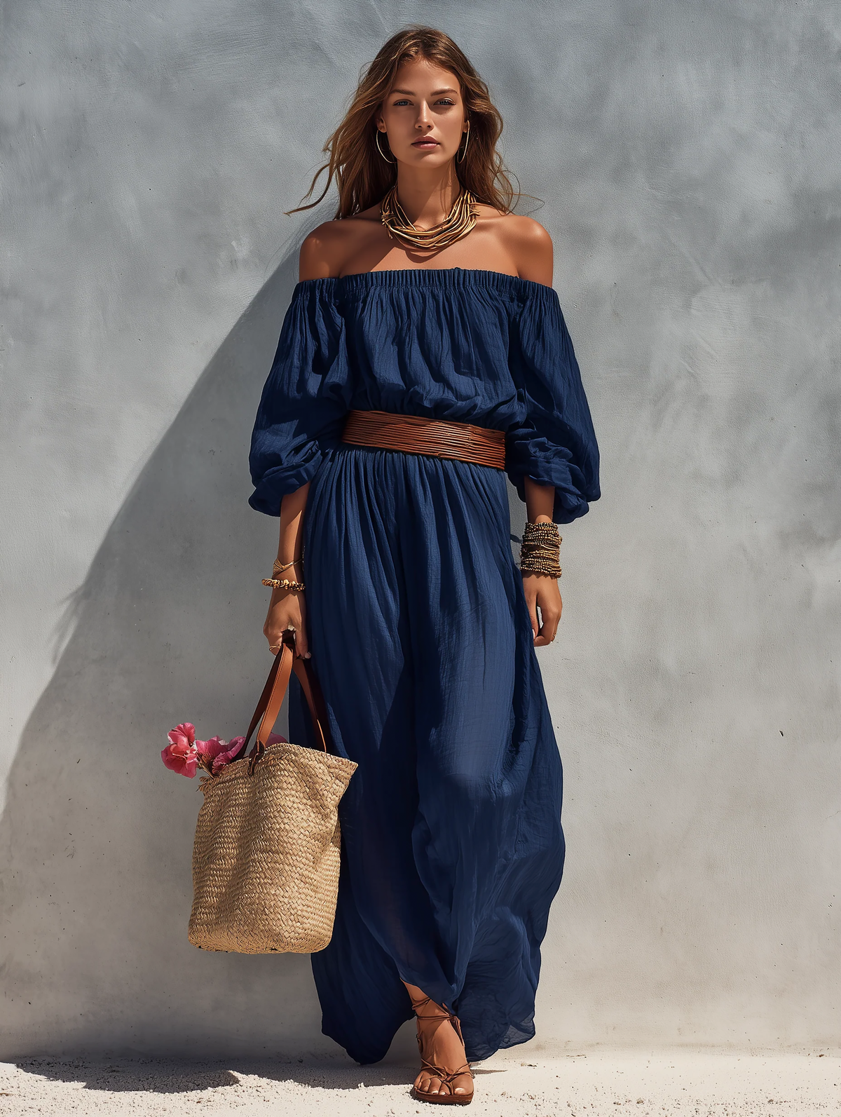 Robe longue sans bretelles à manches longues en coton et lin bleu foncé décontractée pour femme (ceinture non incluse)
