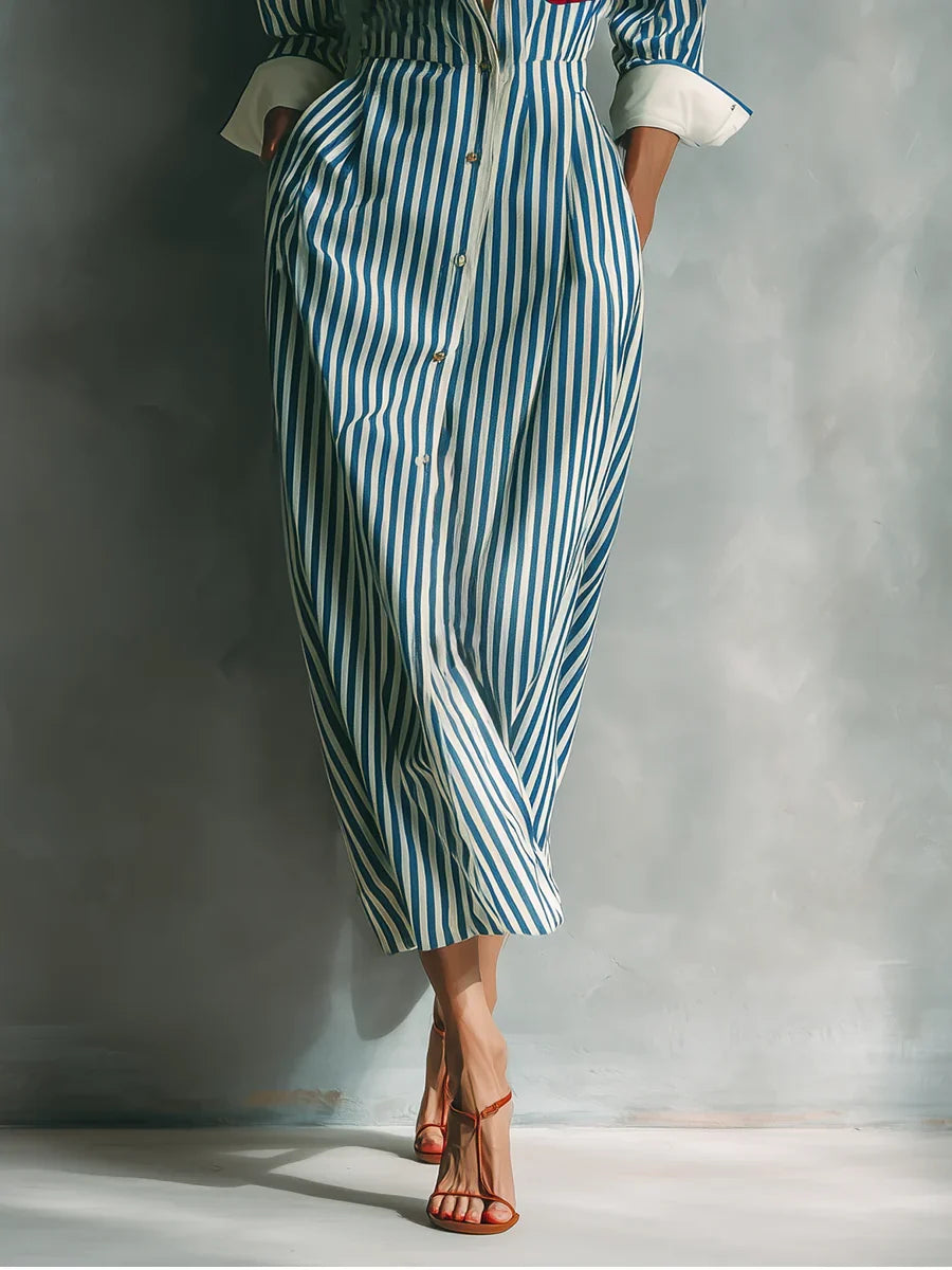 Robe chemise mi-longue à rayures verticales bleues et blanches, avec poche contrastante rouge