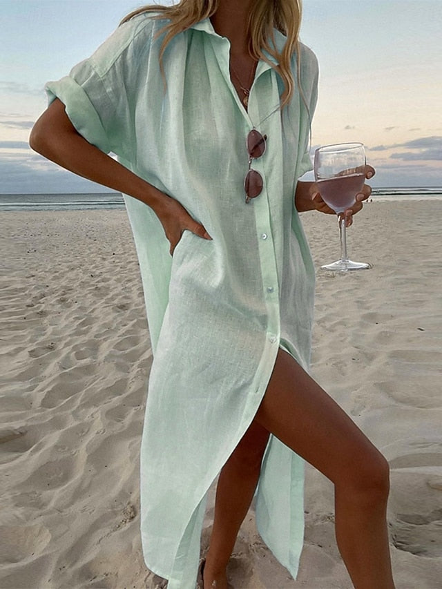 Women's long dress, cotton blend shirt dress