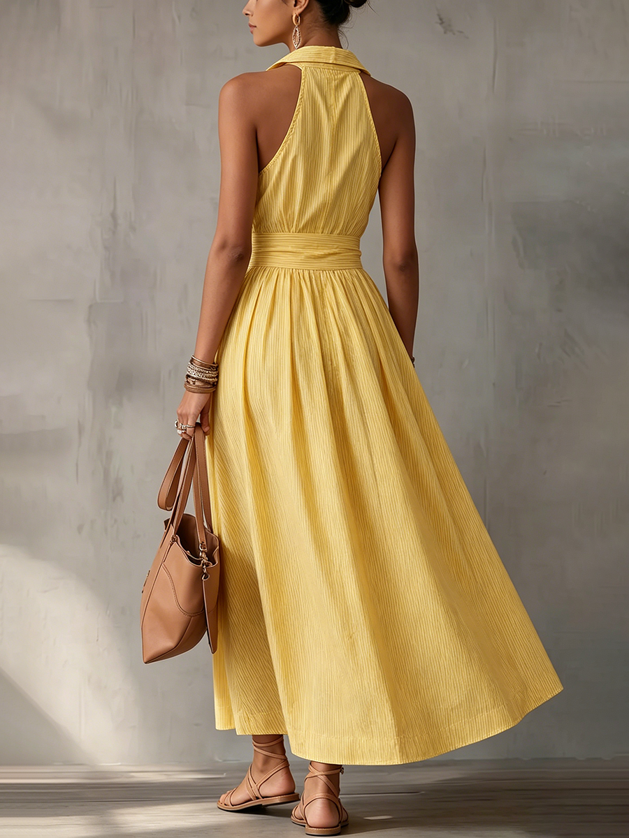 Robe longue rayée jaune ensoleillée - Robe d'été dos nu idéale pour une croisière