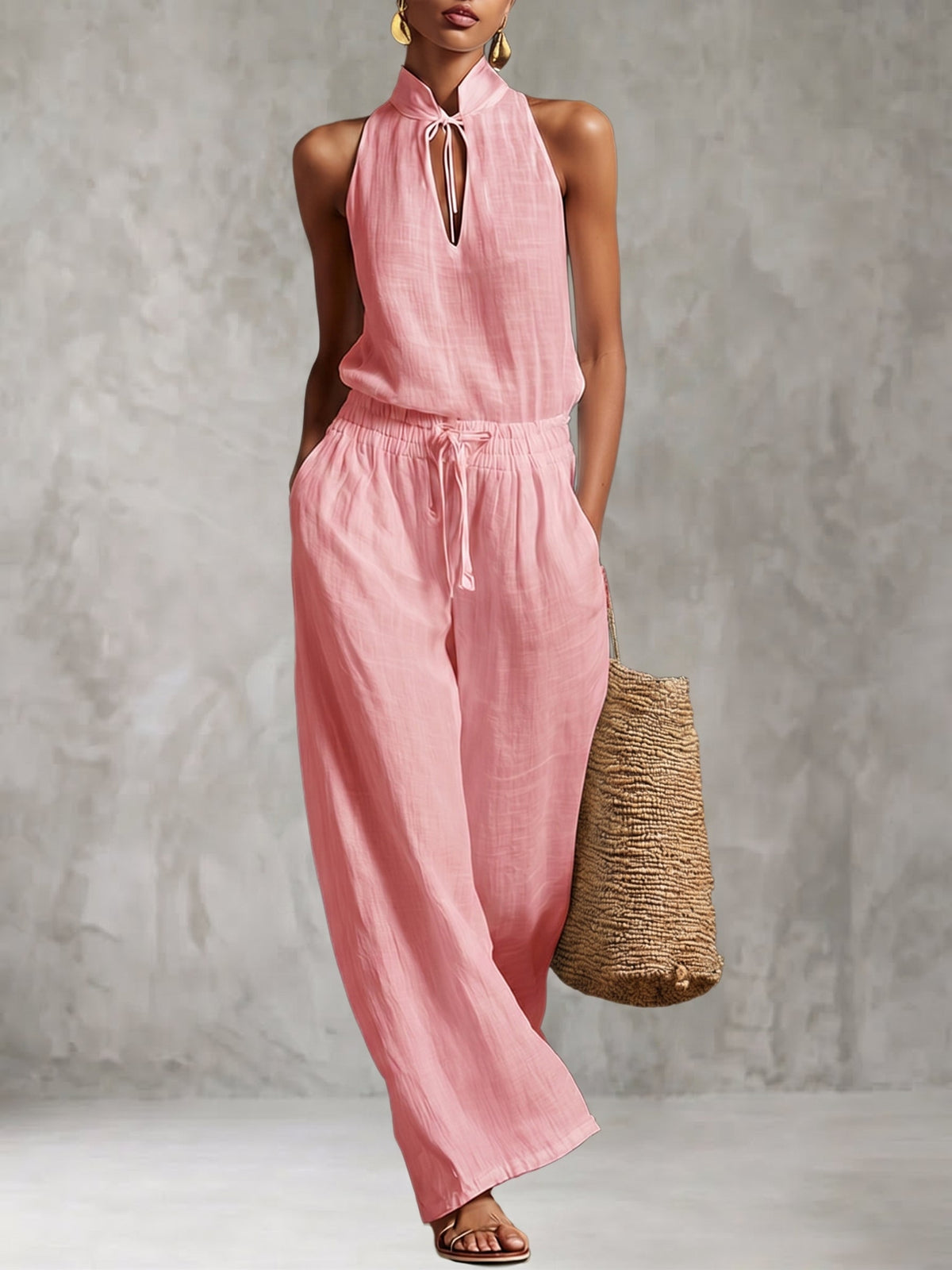 Ensemble haut en coton et lin et pantalon ample style urbain