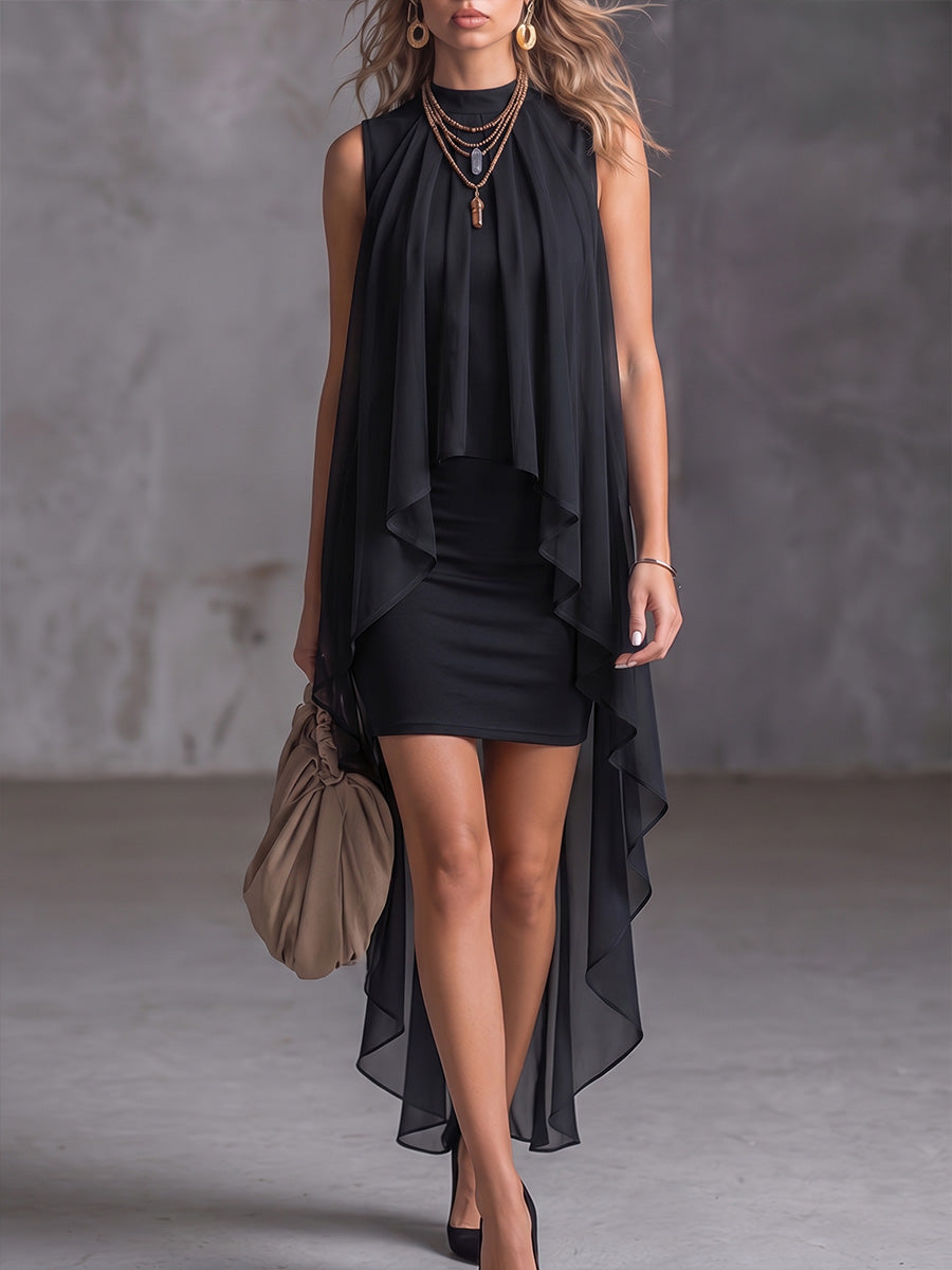Robe moulante sans manches à col montant avec superposition en mousseline
