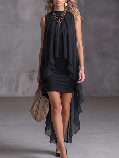 Robe moulante sans manches à col montant avec superposition en mousseline