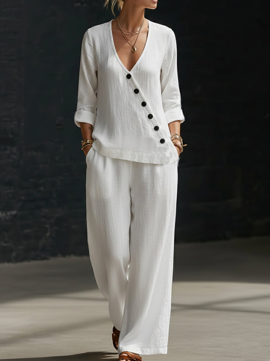 NOUVEAU🔥Ensemble deux pièces : chemise minimaliste à col en V et pantalon à jambes larges