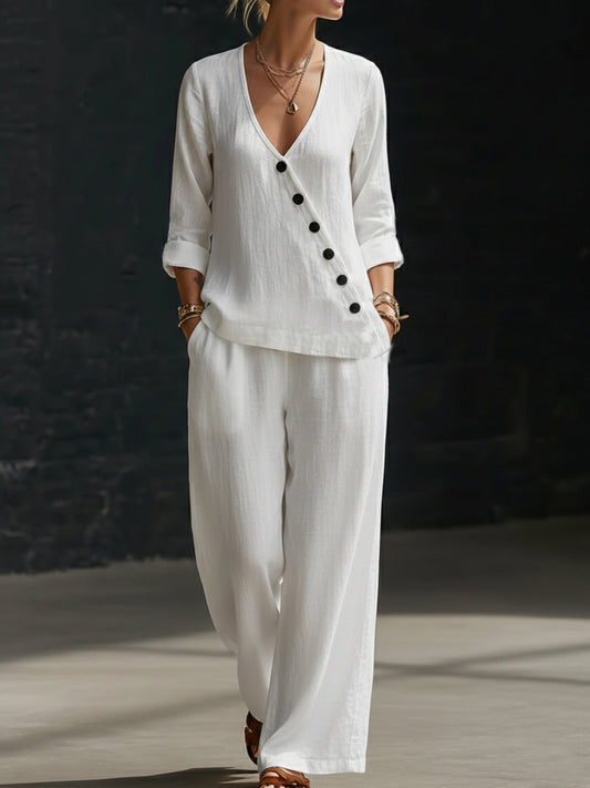 NOUVEAU🔥Ensemble deux pièces : chemise minimaliste à col en V et pantalon à jambes larges