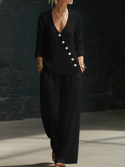 NOUVEAU🔥Ensemble deux pièces : chemise minimaliste à col en V et pantalon à jambes larges