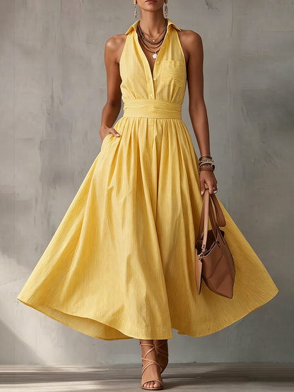 Robe longue rayée jaune ensoleillée - Robe d'été dos nu idéale pour une croisière