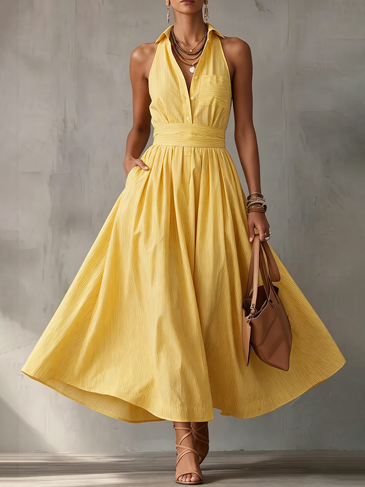 Robe longue rayée jaune ensoleillée - Robe d'été dos nu idéale pour une croisière