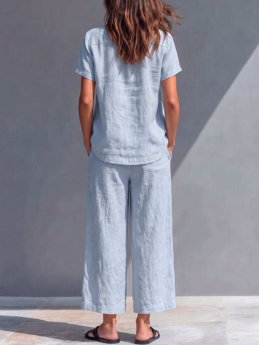 Ensemble en coton-lin uni pour femme : Haut ample à manches courtes et col rond & pantalon taille haute à jambes larges