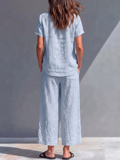 Ensemble en coton-lin uni pour femme : Haut ample à manches courtes et col rond & pantalon taille haute à jambes larges