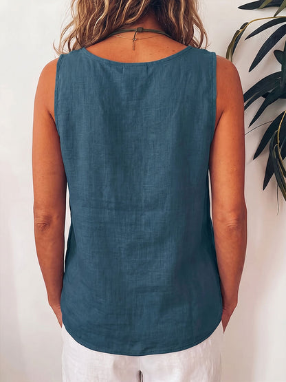 Haut ample décontracté sans manches en coton et lin de couleur unie à col rond pour femme
