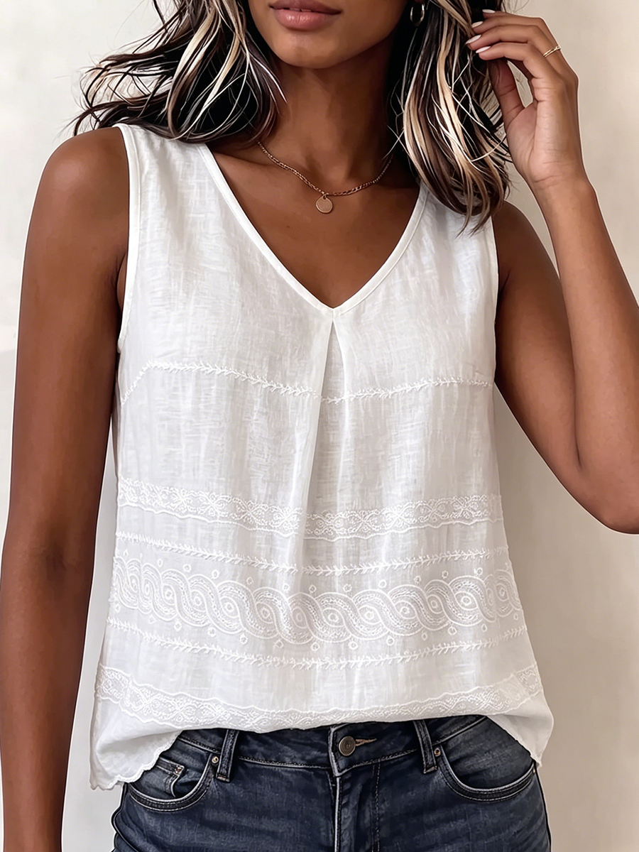 Gilet vintage en coton-lin brodé floral à col en V