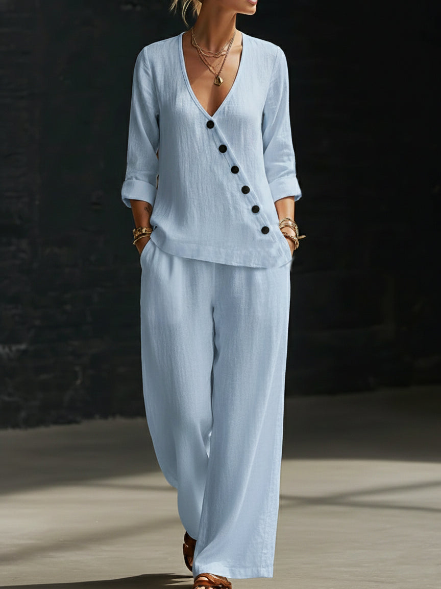NOUVEAU🔥Ensemble deux pièces : chemise minimaliste à col en V et pantalon à jambes larges
