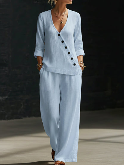 NOUVEAU🔥Ensemble deux pièces : chemise minimaliste à col en V et pantalon à jambes larges