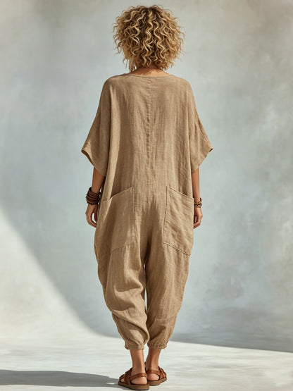 Salopette sarouel décolleté en V ample en coton imitation lin