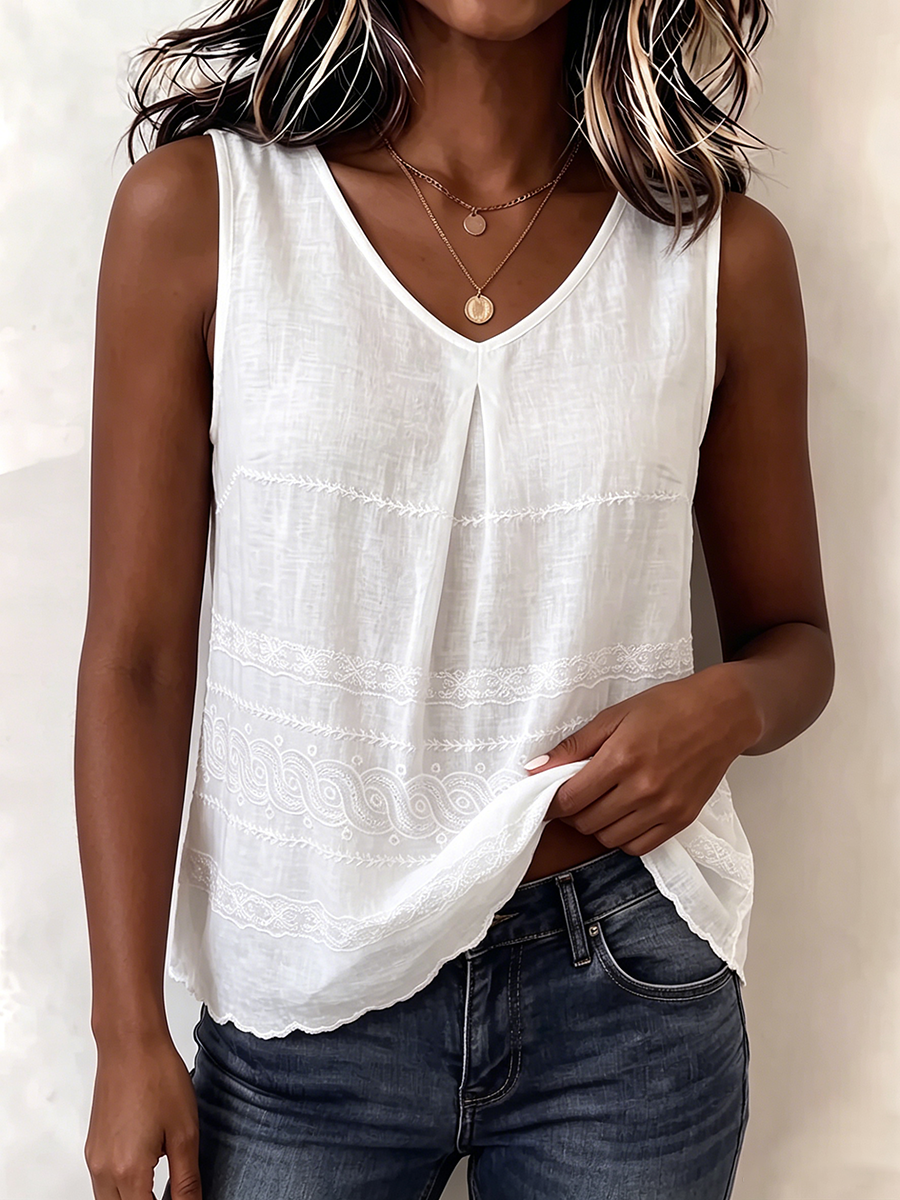 Gilet vintage en coton-lin brodé floral à col en V