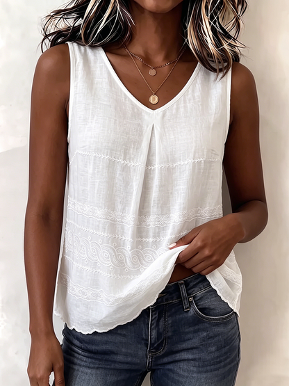 Gilet vintage en coton-lin brodé floral à col en V