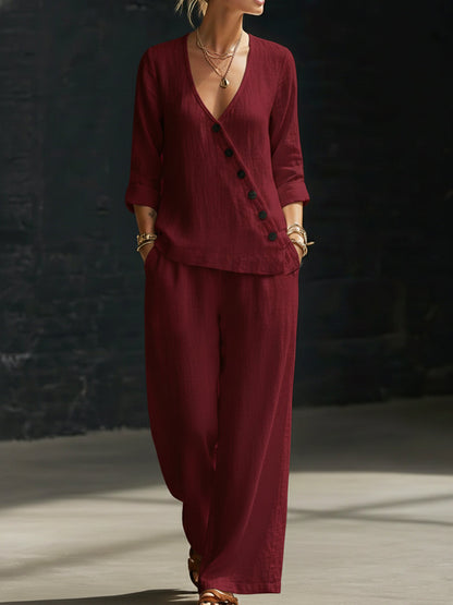 NOUVEAU🔥Ensemble deux pièces : chemise minimaliste à col en V et pantalon à jambes larges