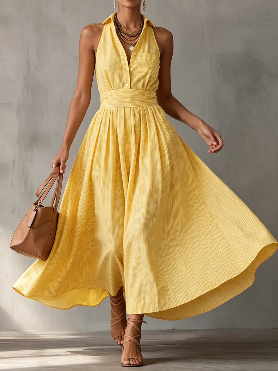 Robe longue rayée jaune ensoleillée - Robe d'été dos nu idéale pour une croisière