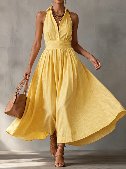 Robe longue rayée jaune ensoleillée - Robe d'été dos nu idéale pour une croisière